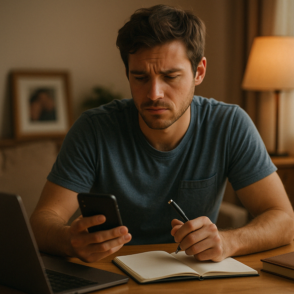 Photo of Alex reflecting at his desk